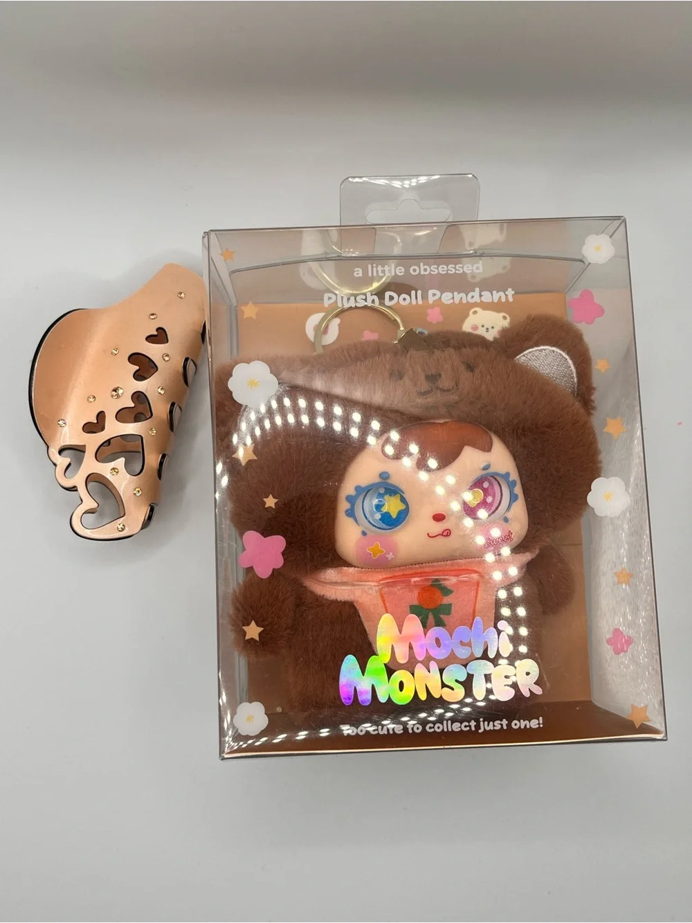 BUNDLE Mochi Monster Plush Doll Pendant - Brown and hair clip